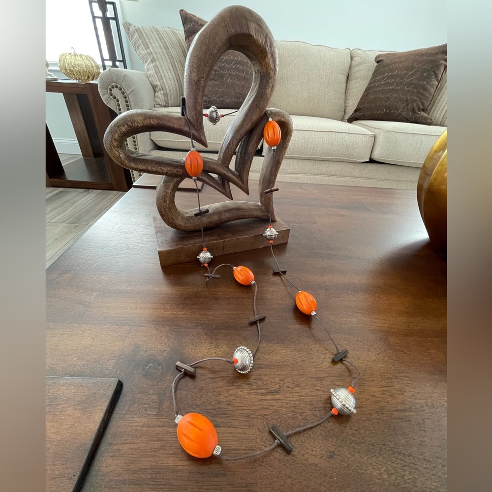 Handmade Orange Wooden Big Bead Long Necklace